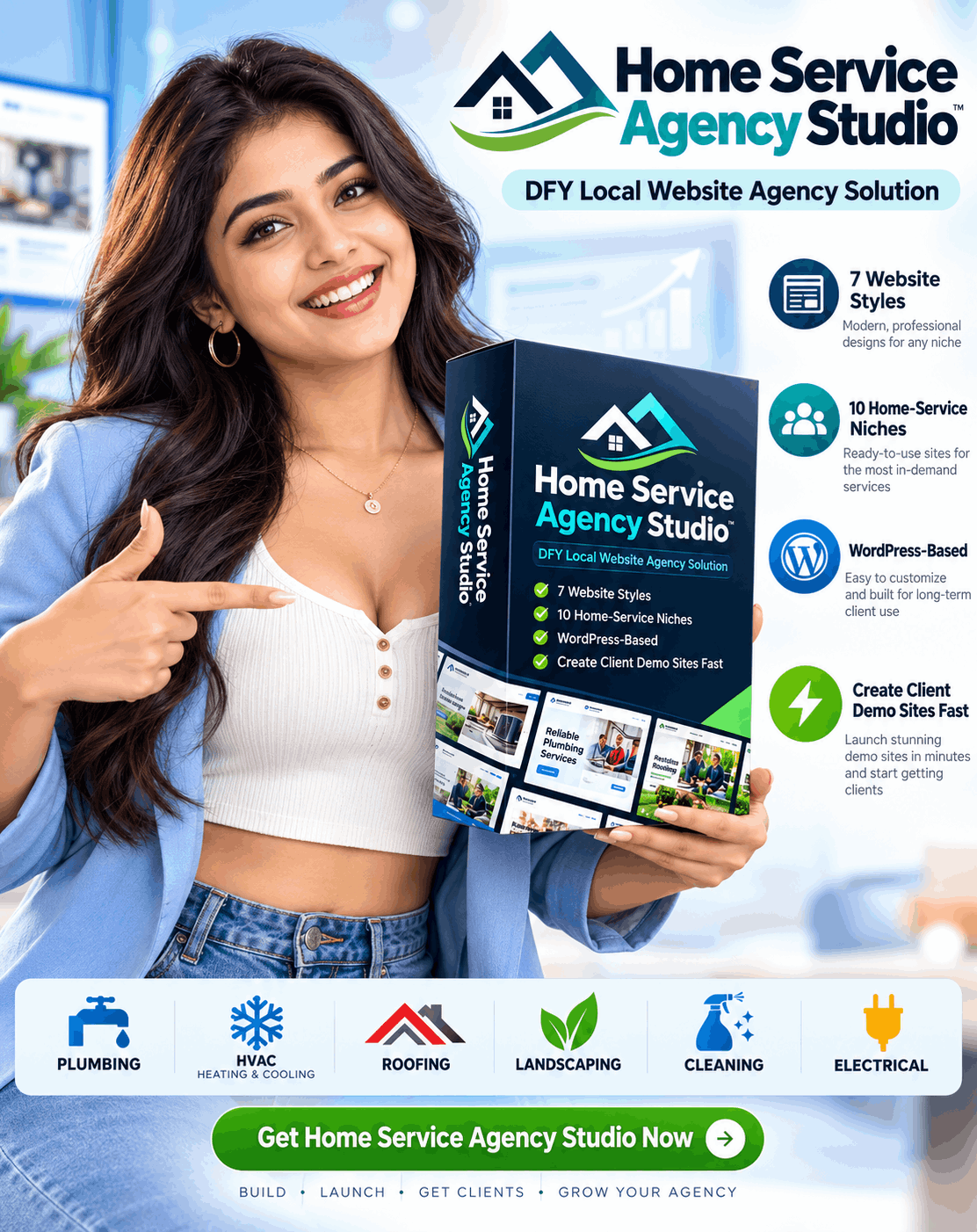 Promotional presentation of Home Service Agency Studio website-building software